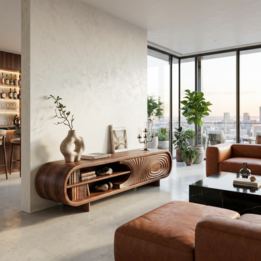 Modern Sculptural Wood TV Stand With Carved Door For Living Room