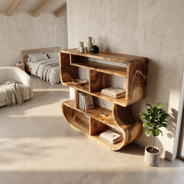 Modern Curved Wooden Bookcase With Integrated Open Storage
