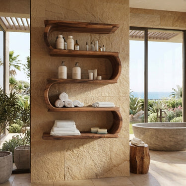 Minimal Natural Wood Floating Bathroom Shelves For Spa Decor