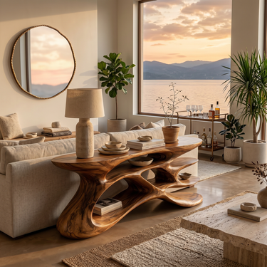 Wooden Console Table With Sculptural Form For Living Statement