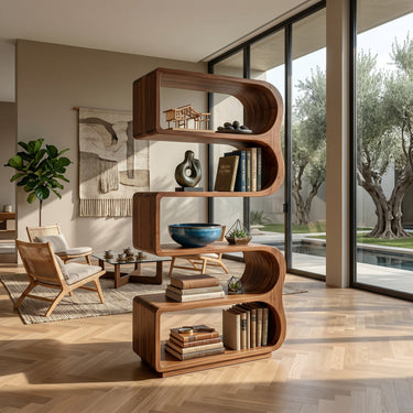 Minimalist Wooden Standing Shelf For Sunlit Living Room