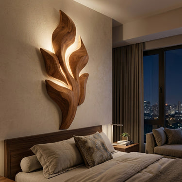 Sculptural Wooden Leaf Wall Lamp With Warm Light For Home