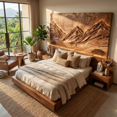 Modern Mountain Relief Wood Headboard For Marble Accent Bedroom