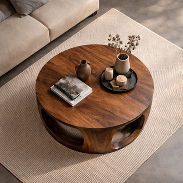 Contemporary Round Coffee Table With Open Cut Base For Living