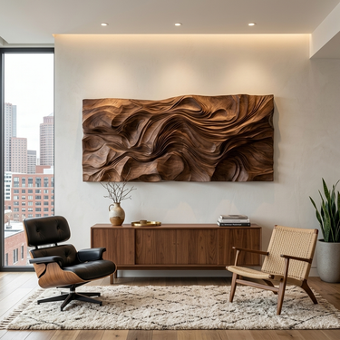 Contemporary Wood Wall Art Wave Carved Design For Wall Decor