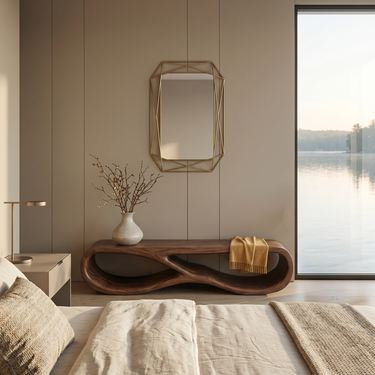 Organic Wooden Bench With Curved Base Form For Entryway Space