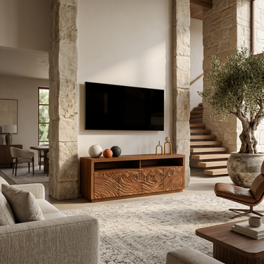 Modern Carved Wave TV Console With Open Shelf For Living