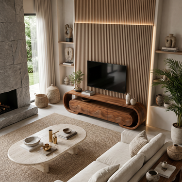 Contemporary TV Stand With Layered Wave Carved Doors For Living