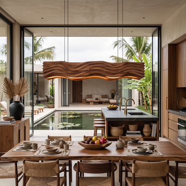 Sculpted Pendant Light Featuring Flowing Wave Carving For Dining