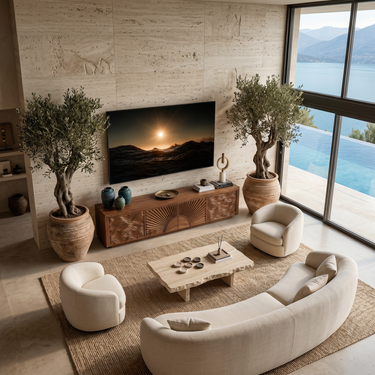 Luxury TV Stand With Sun And Ocean Carved Doors For Living