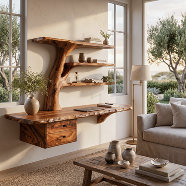 Wood Floating Desk With Multi Level Organic Shelves For Office