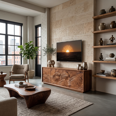 Contemporary TV Stand With Hand Carved Wave For Designer Homes