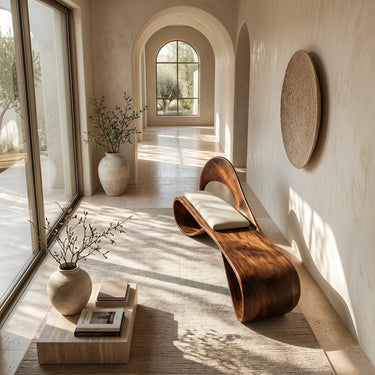 Modern Wooden Bench With Sculptural Curved Backrest For Reading Nook