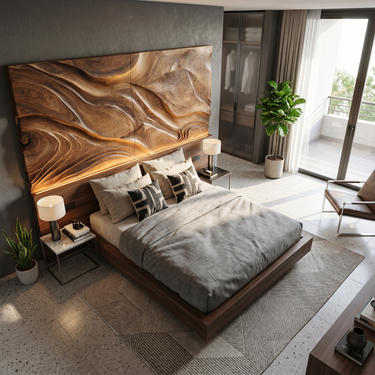 Abstract Flowing Wood Headboard For Luxury Coastal Villa Bedroom