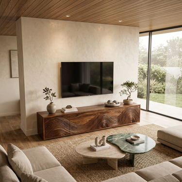 Contemporary TV Stand With Flowing Wave Carved Doors For Living