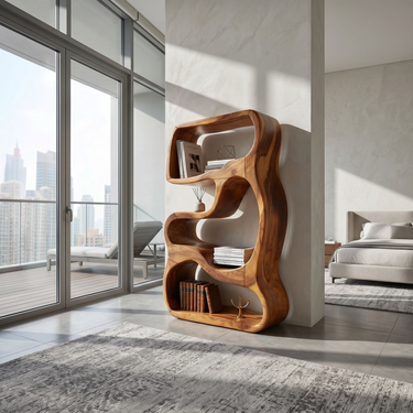 Minimalist Wooden Bookshelf Featuring Curved Side Panels