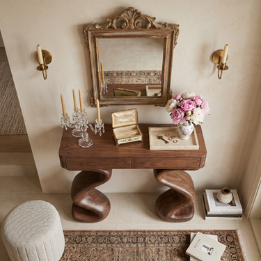 Contemporary Wood Console Table With Undulating Double Base For Home