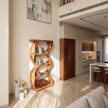 Coastal Inspired Curved Wooden Bookcase With Organic Form