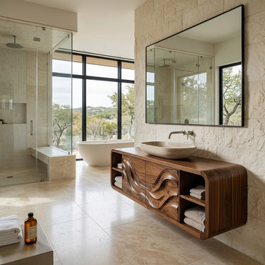 Organic Floating Bathroom Cabinet With Open Shelves For Spa Bathroom