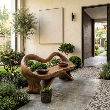 Fluid Wooden Bench With Artistic Open Frame For Hallway