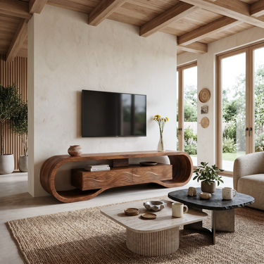Contemporary Curved Wooden TV Stand For Luxury Interiors