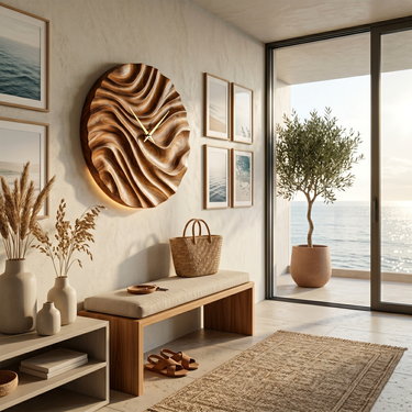 Organic Wood Wall Clock With Flowing Wave For Bedroom Interior