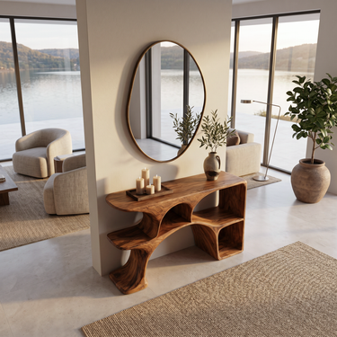 Modern Wooden Console Table With Sculptural Open Shelves For Living