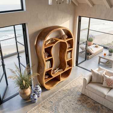 Sculptural Wooden Bookcase With Organic Open Design