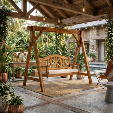 Mediterranean Wooden Swing Bench Villa Patio