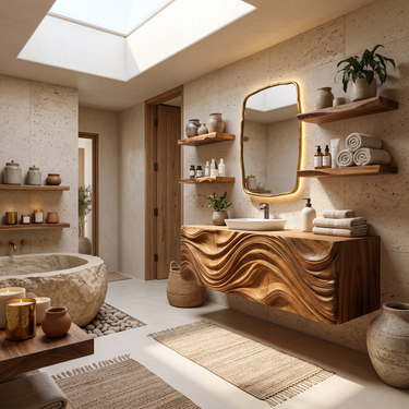 Modern Bathroom Vanity With Ocean Wave Carved Wood Cabinet For Home