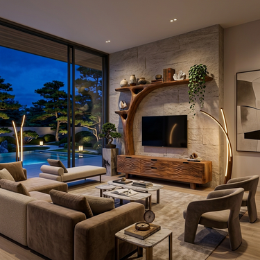 Contemporary Wood TV Cabinet With Curved Shelf For Living Storage