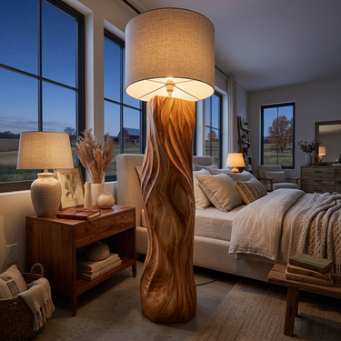 Rustic Wooden Floor Lamp Sculptural Design For Cozy Bedroom