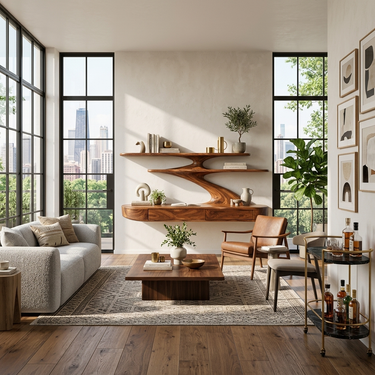 Floating Wooden Desk With Curved Upper Shelf Frame For Workspace