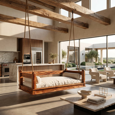 Mediterranean Wooden Hanging Daybed Swing Luxury Villa Patio
