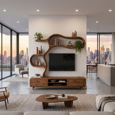 Contemporary Wooden TV Cabinet With Sculptural Frame For Living Room