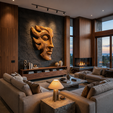 Handcrafted Wooden Face Wall Art With Sculptural Form For Interior