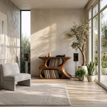 Modern Wooden Record Cabinet With Rounded Shelves For Living Room