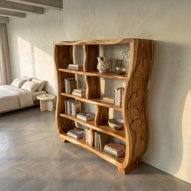 Handcrafted Wooden Bookshelf With Ginkgo Leaf Accents