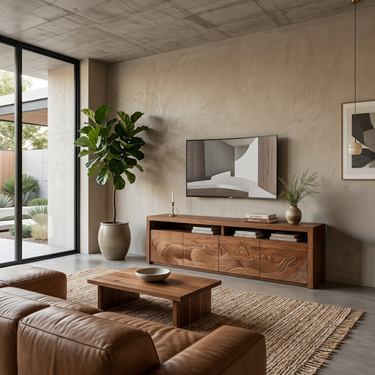 Organic TV Stand With Wave Carved Doors And Open Shelf For Home