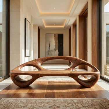Minimalist Wood Bench With Sculptural Backrest For Living Room