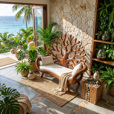 Contemporary Coral Branch Carved Bench For Sunroom Interior Area
