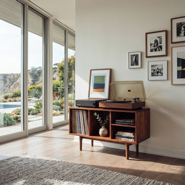 Minimalist Record Cabinet With Four Open Shelves For Interior