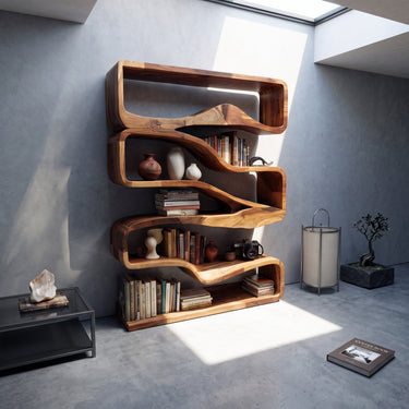 Modern Curved Bookshelf With Flowing Design For Bedroom