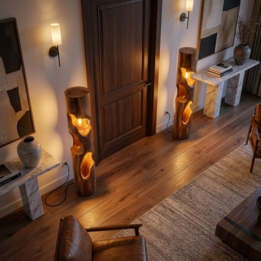 Rustic Wooden Floor Lamp With Sculptural Hollow For Cozy Bedroom