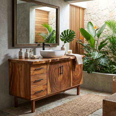 Tropical Natural Wood Vanity For Outdoor Bathroom