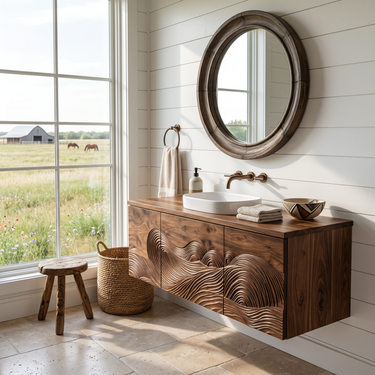 Sculptural Bathroom Vanity Wave Texture Wood Cabinet For Luxury Bathroom