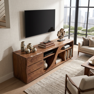 Sculptural Walnut TV Stand Modern Minimalist Interior