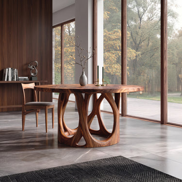 Modern Round Dining Table With Carved Sculptural Leg For Kitchen