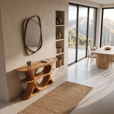 Organic Console Table With Multi Level Cutout Shelves For Living
