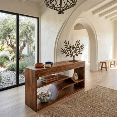 Organic Wooden Console Table With Connecting Shelving Units For Entryway